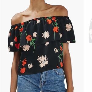 Topshop Black Floral Print
Ruffle Bardot Off-Shoulder Top